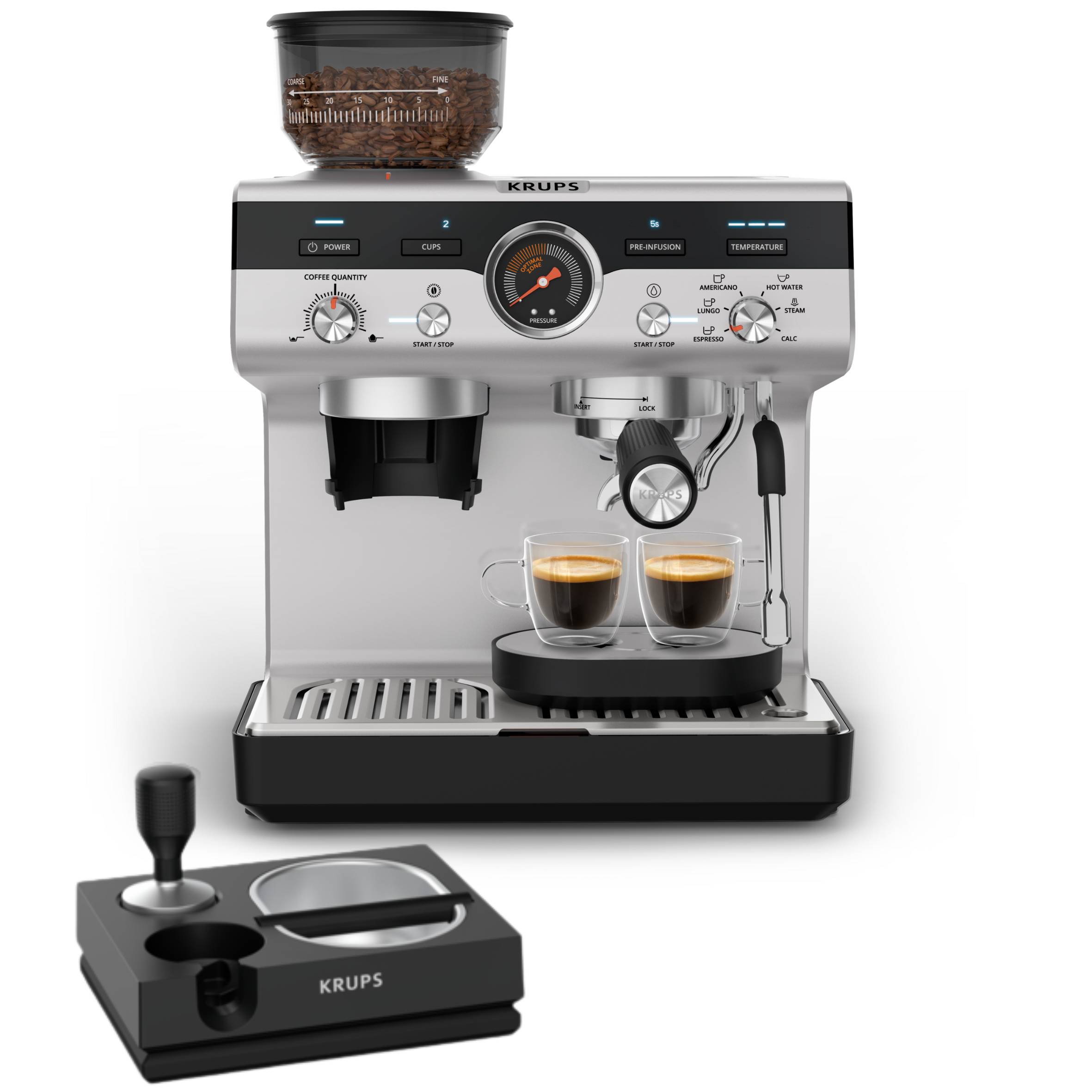 Precision+  XP804T pistonmachine met ingebouwde molen en knock-box accessoire